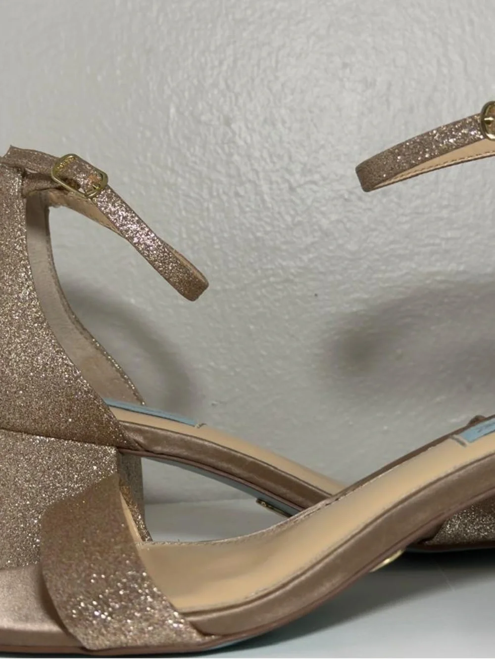 Betsey Johnson Rose Gold Glitter Block Heel Sandals